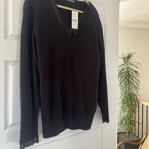Suzy Shier Black V-Neck Lace Trim Sweater